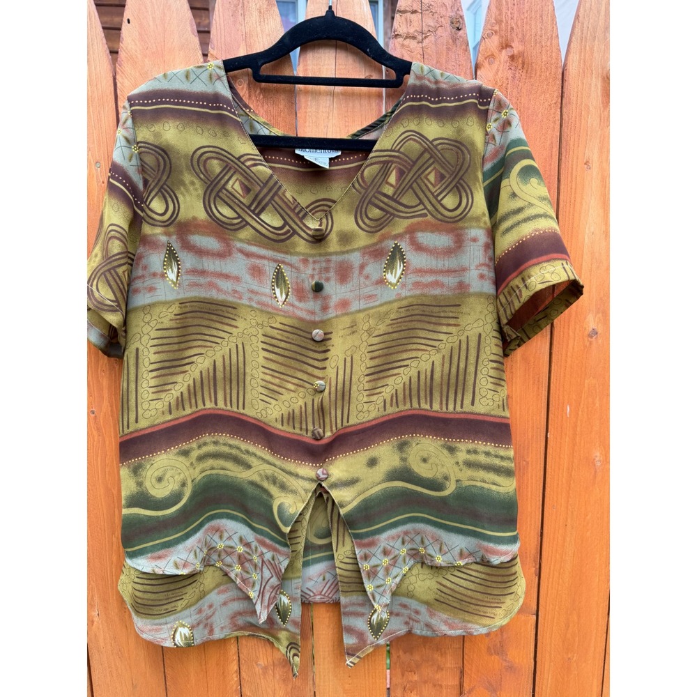 Momentum Vintage Abstract Geometric Print Short Sleeve Button Front Blouse Small